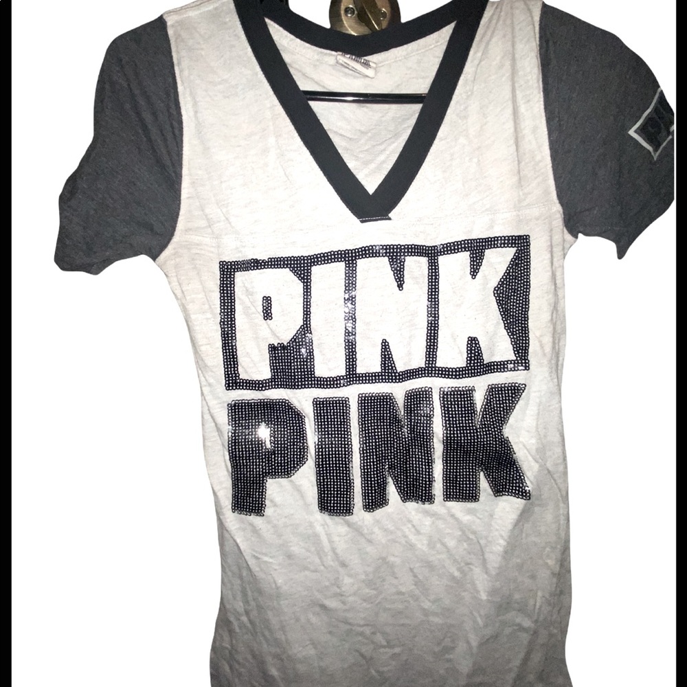 LOVE PINK V Neck Tee Size Small Grey With Sequins